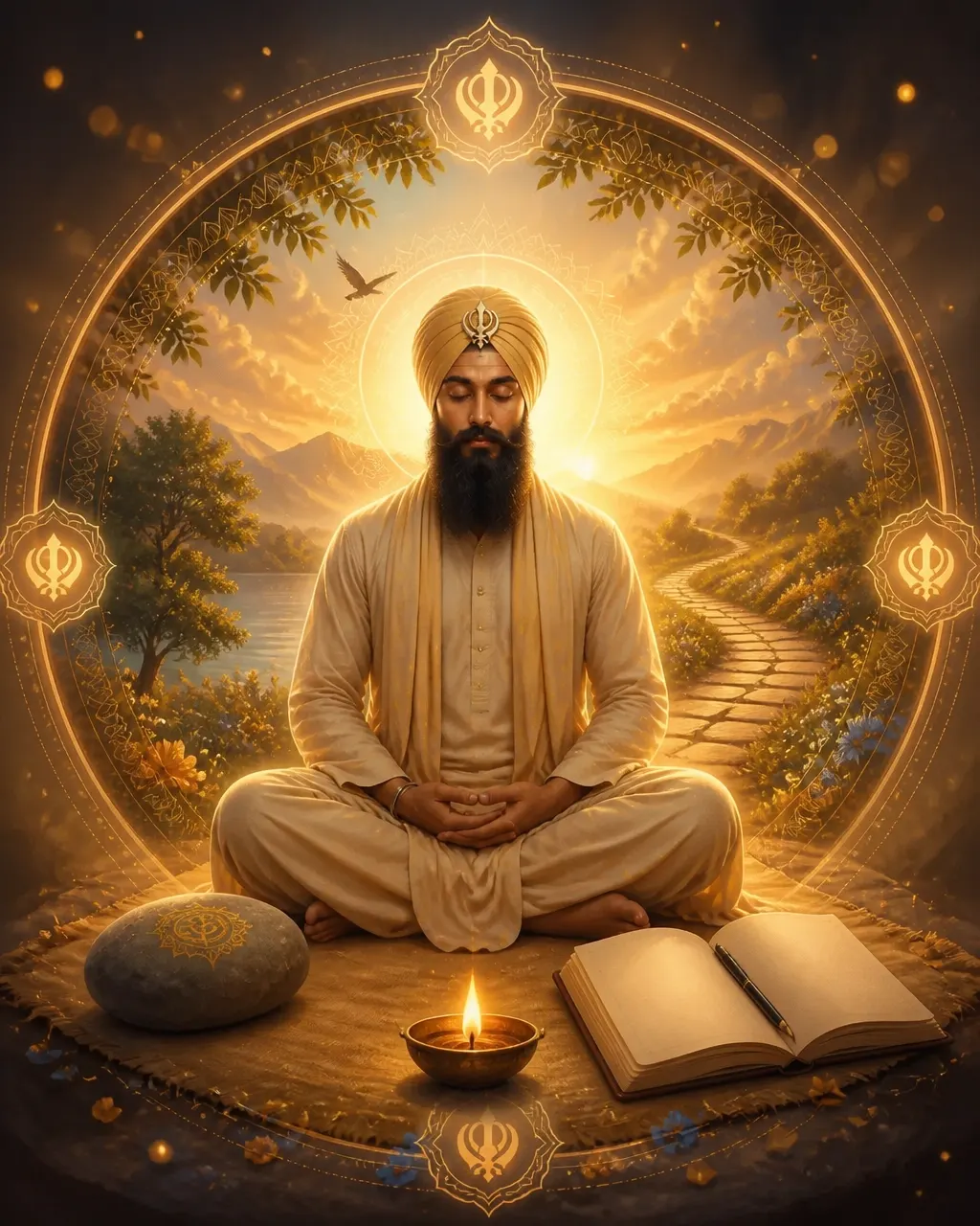 A calm meditator beside a steady lamp and open notebook, symbolising balance and discernment