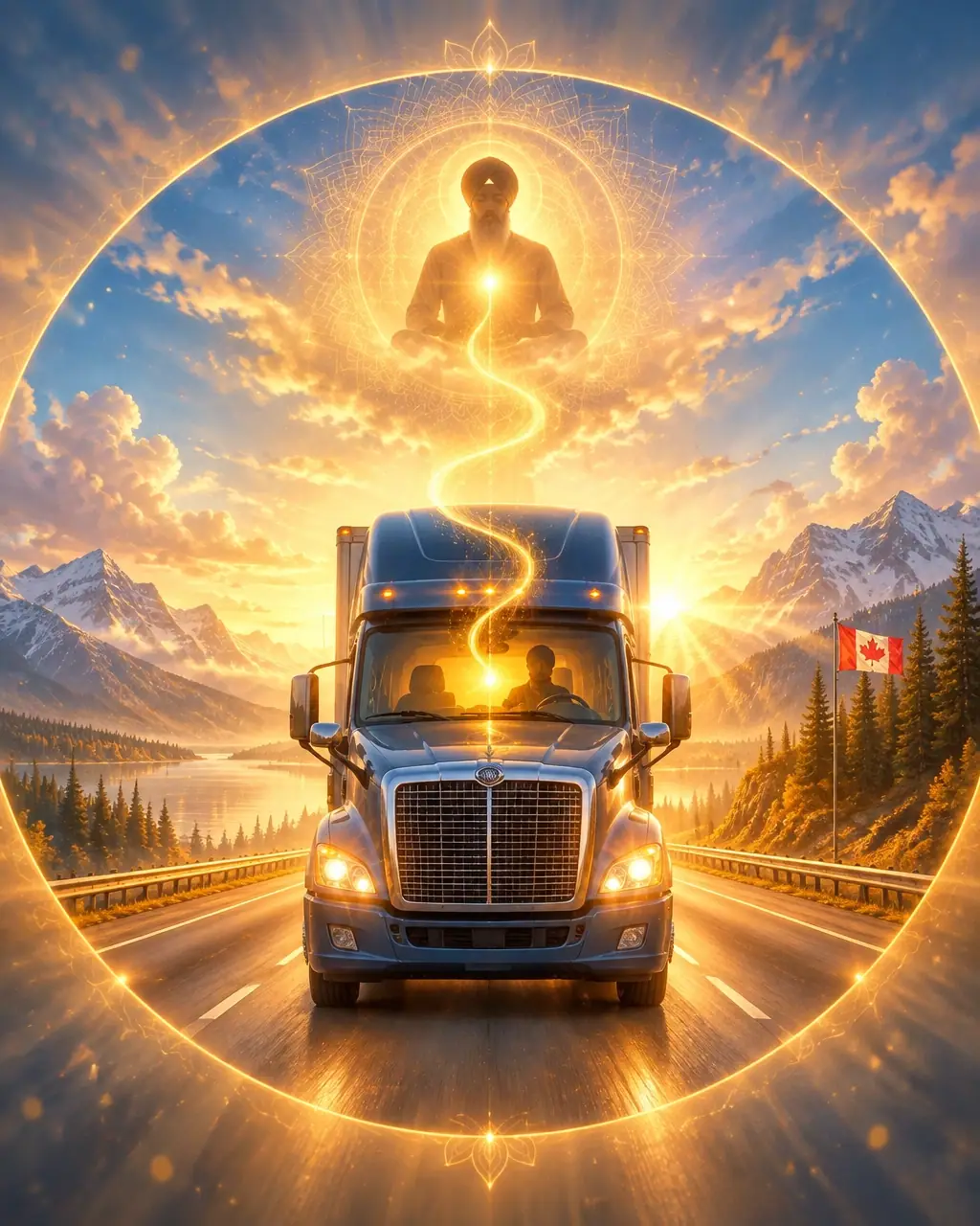 A long-haul truck travelling safely through a sunlit Canadian landscape while remembrance remains an inner anchor