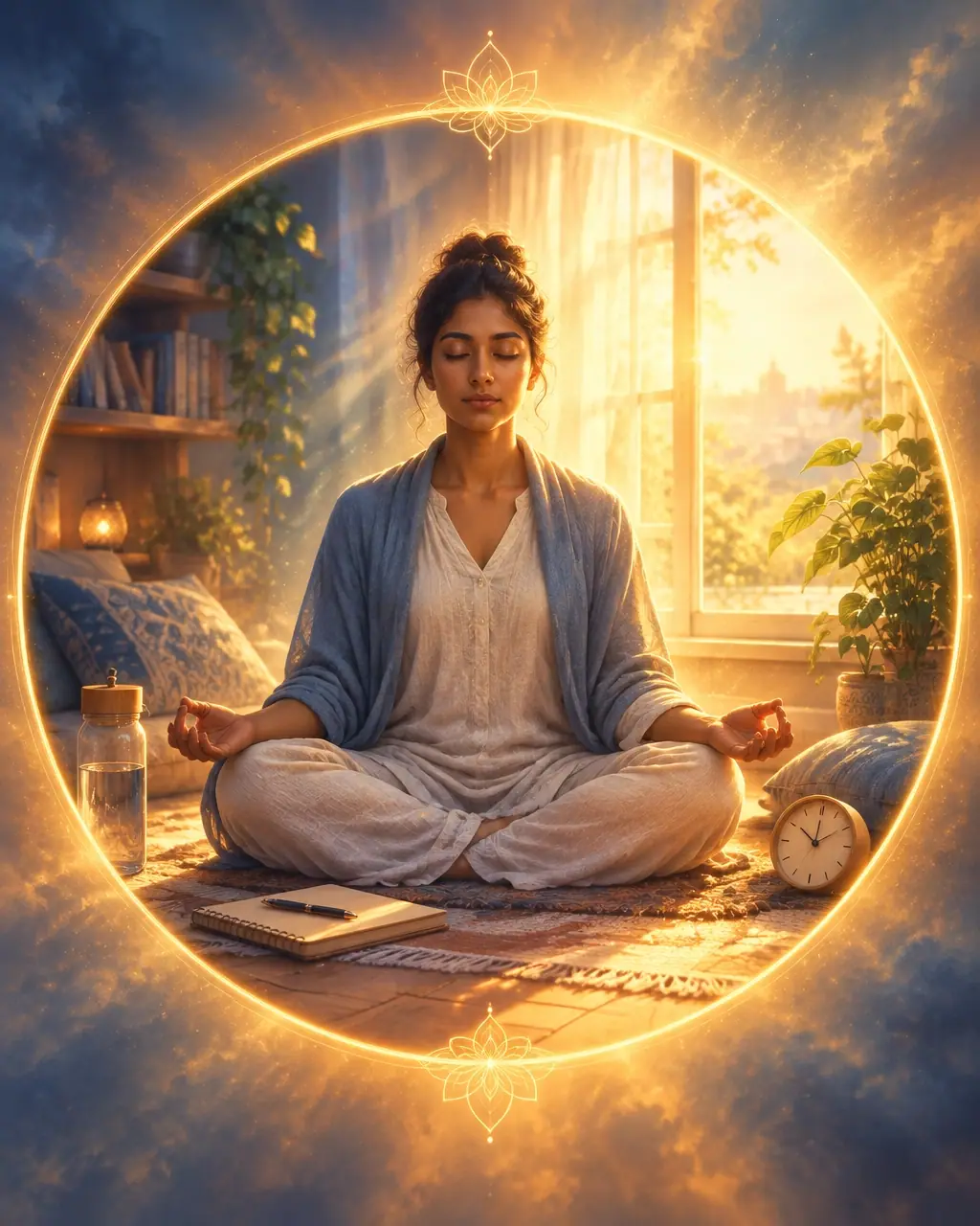 A calm person meditating at home with a journal, water, sunlight and a simple clock representing balanced spiritual wellness
