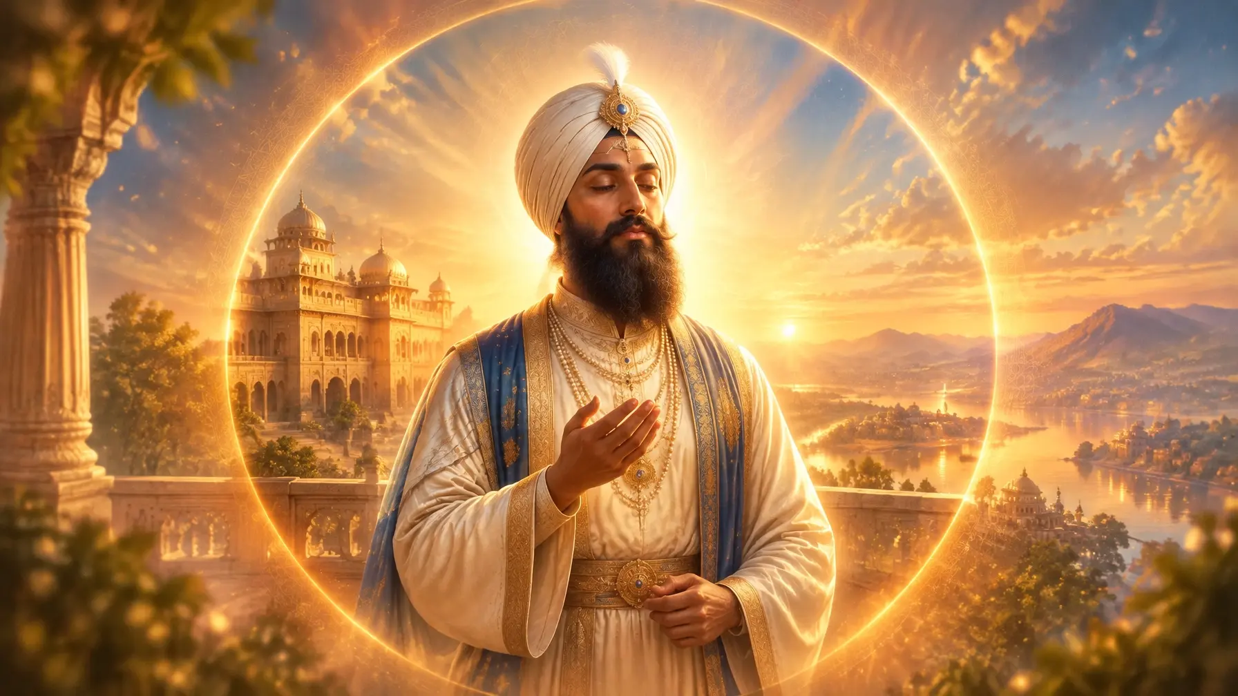 A dignified king standing in warm dawn light, reflecting on justice, forgiveness and remembrance of Waheguru